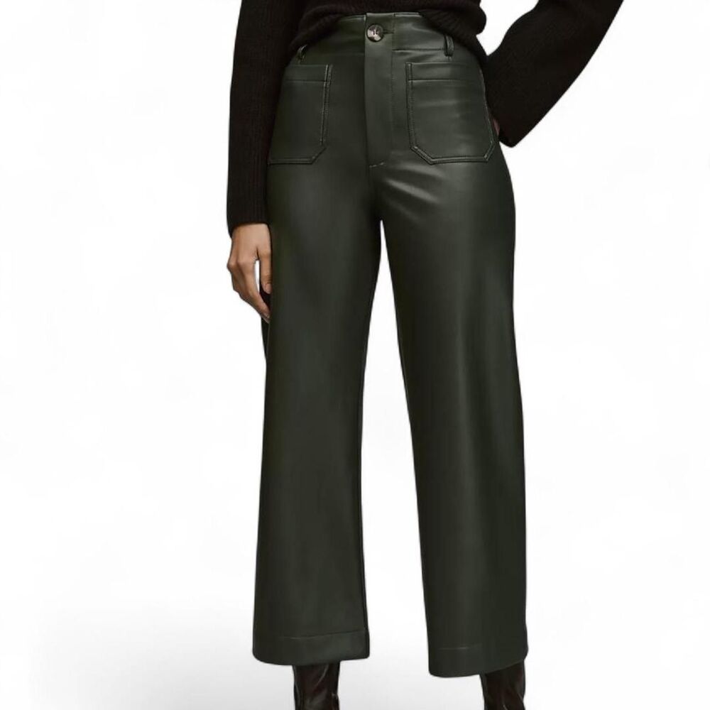 Anthropologie Maeve Colette Faux Leather Crop Wide-Leg Pants Size 26 Dark Green